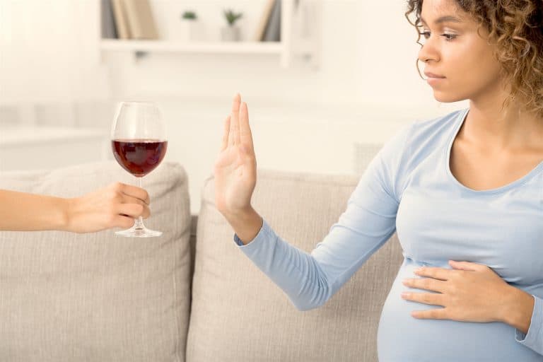 African-american Pregnant Woman Rejecting Alcohol, Sitting On Sofa At Home
