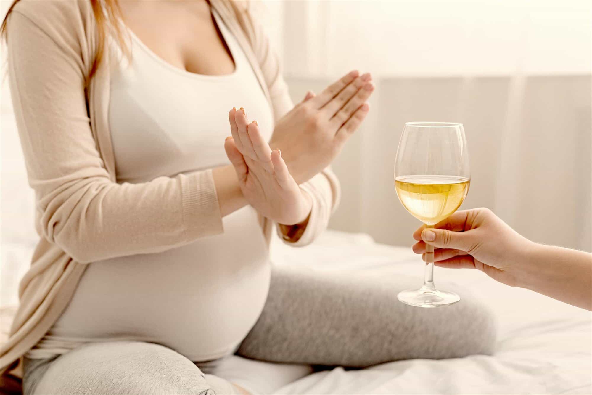 Alcohol Prohibited. Pregnant Woman With Crossed Hands Refusing To Drink Wine, Making Denying Gesture