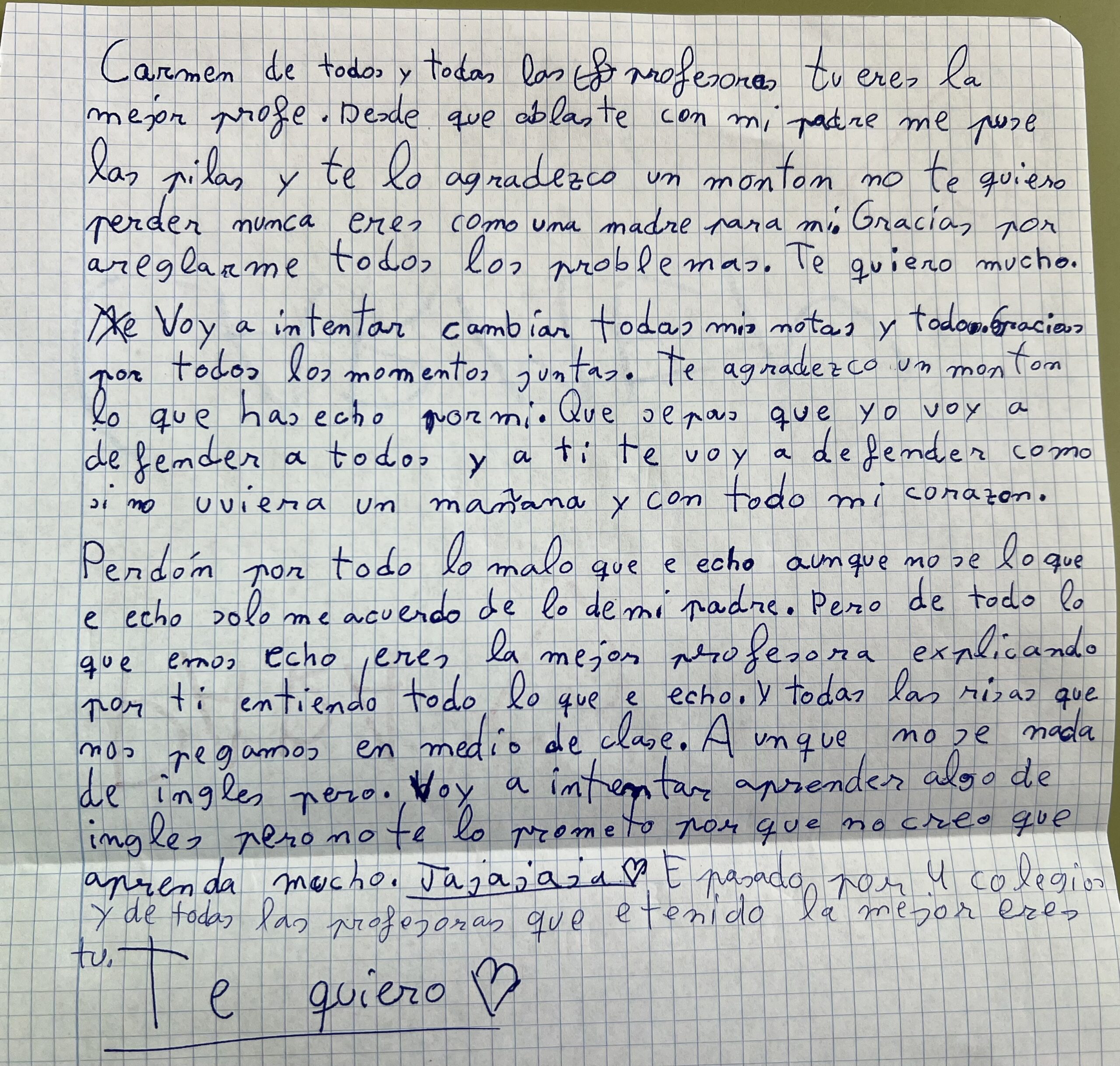 La emotiva carta que una niña le escribe a su profesora